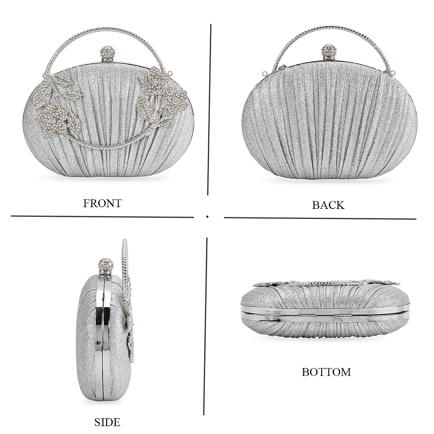 Ruched Crystal Flower Embellished Clutch Bag with Gold Handle - Silver