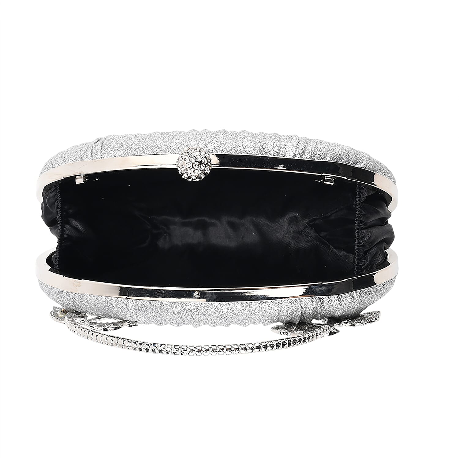 Ruched Crystal Flower Embellished Clutch Bag with Gold Handle - Silver