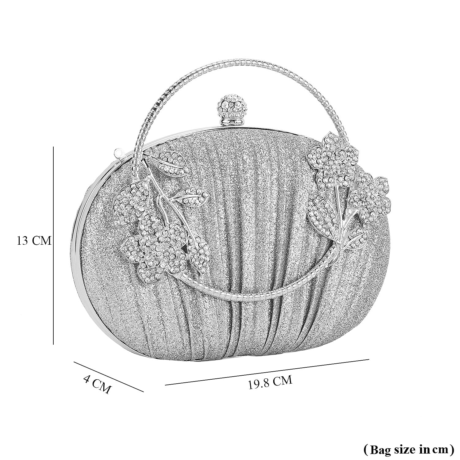 Ruched Crystal Flower Embellished Clutch Bag with Gold Handle - Silver