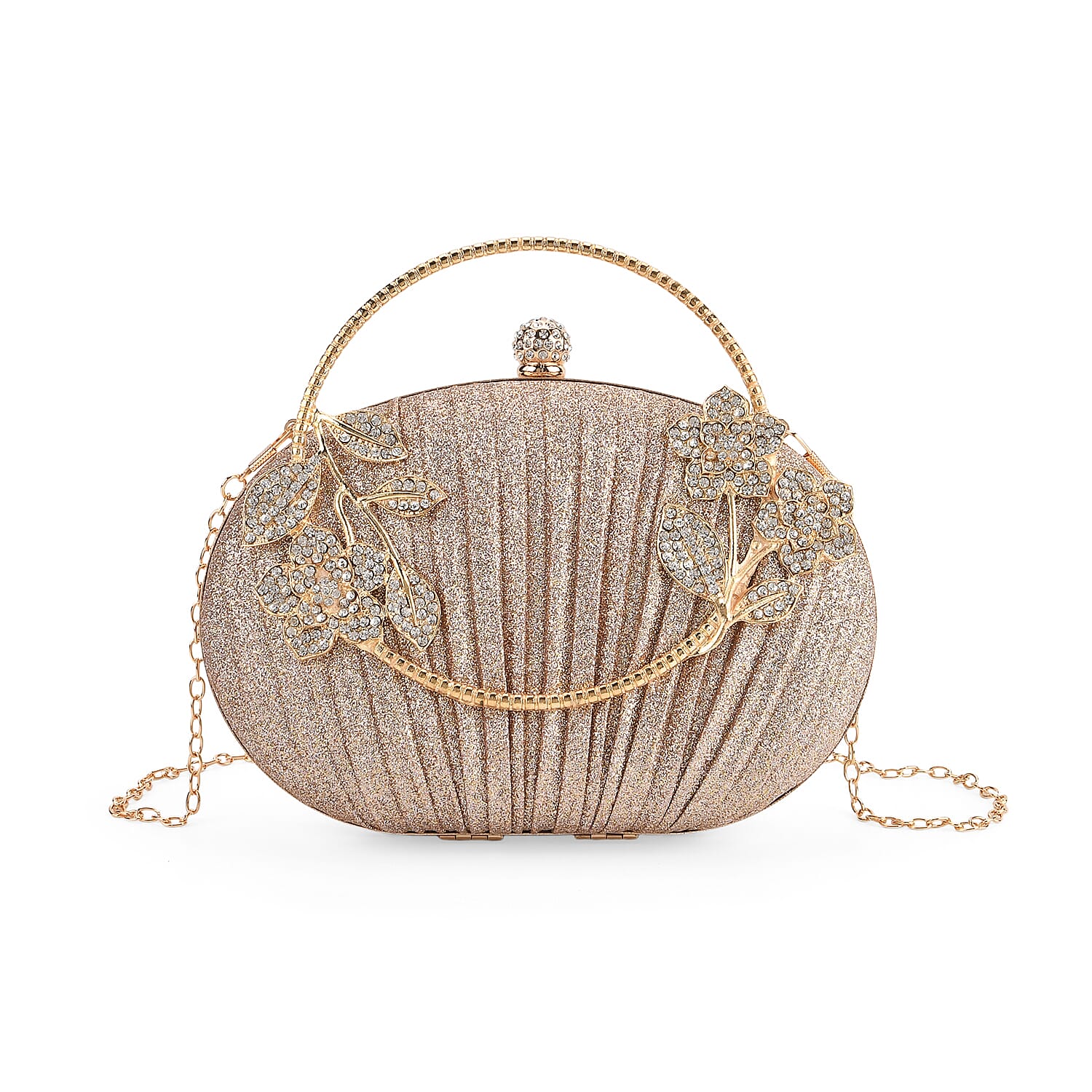 Ruched Crystal Flower Embellished Clutch Bag with Gold Handle - Rose Gold