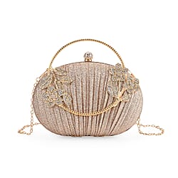 Ruched Crystal Flower Embellished Clutch Bag with Gold Handle - Rose Gold