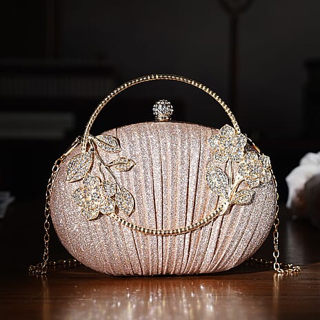 Ruched Crystal Flower Embellished Clutch Bag with Gold Handle - Rose Gold