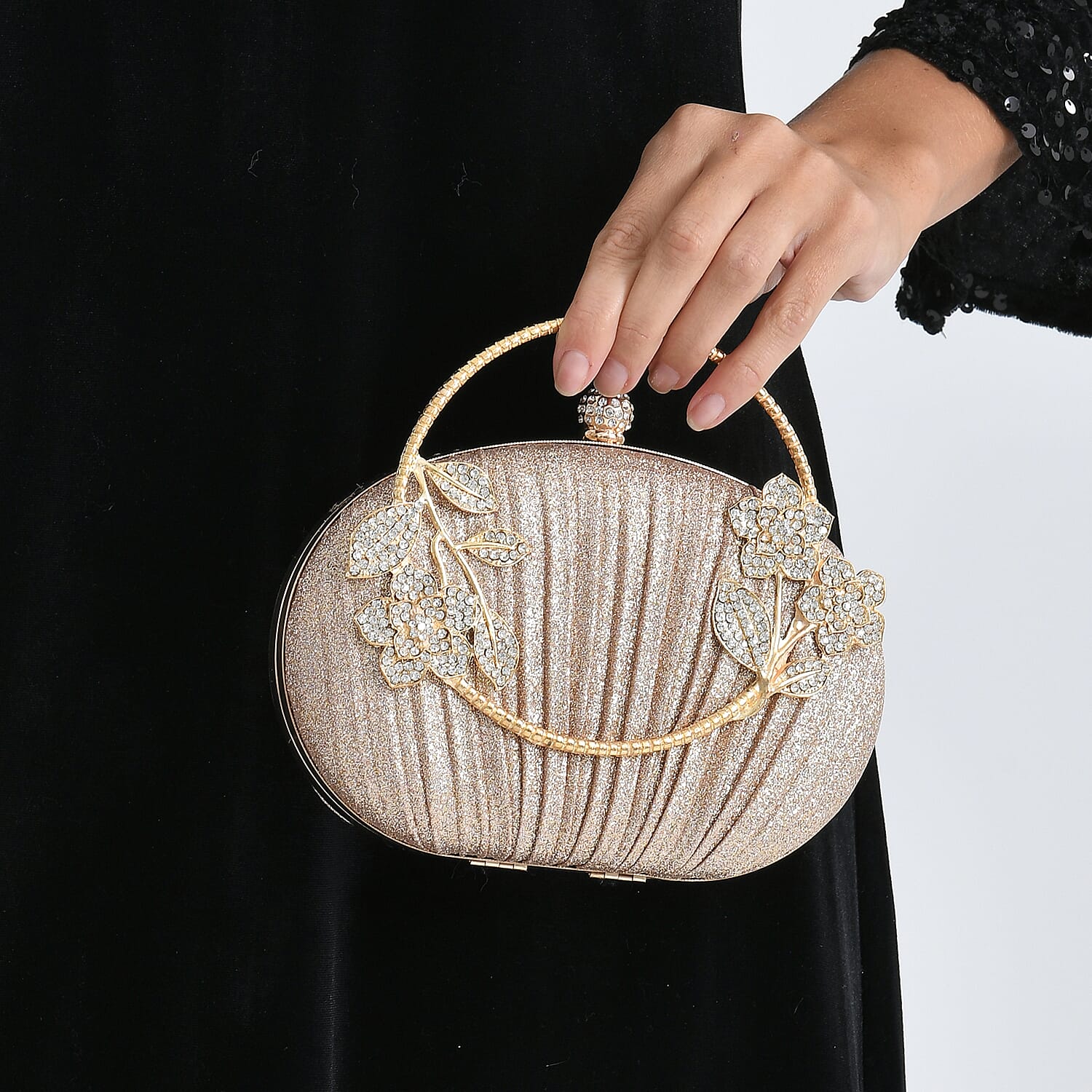 Ruched Crystal Flower Embellished Clutch Bag with Gold Handle - Rose Gold