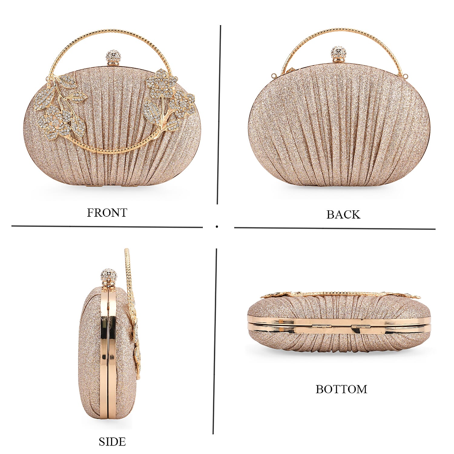 Ruched Crystal Flower Embellished Clutch Bag with Gold Handle - Rose Gold