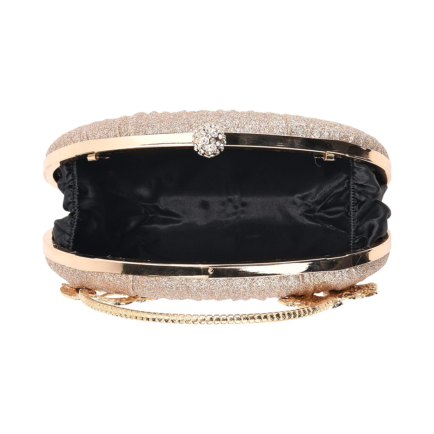Ruched Crystal Flower Embellished Clutch Bag with Gold Handle - Rose Gold