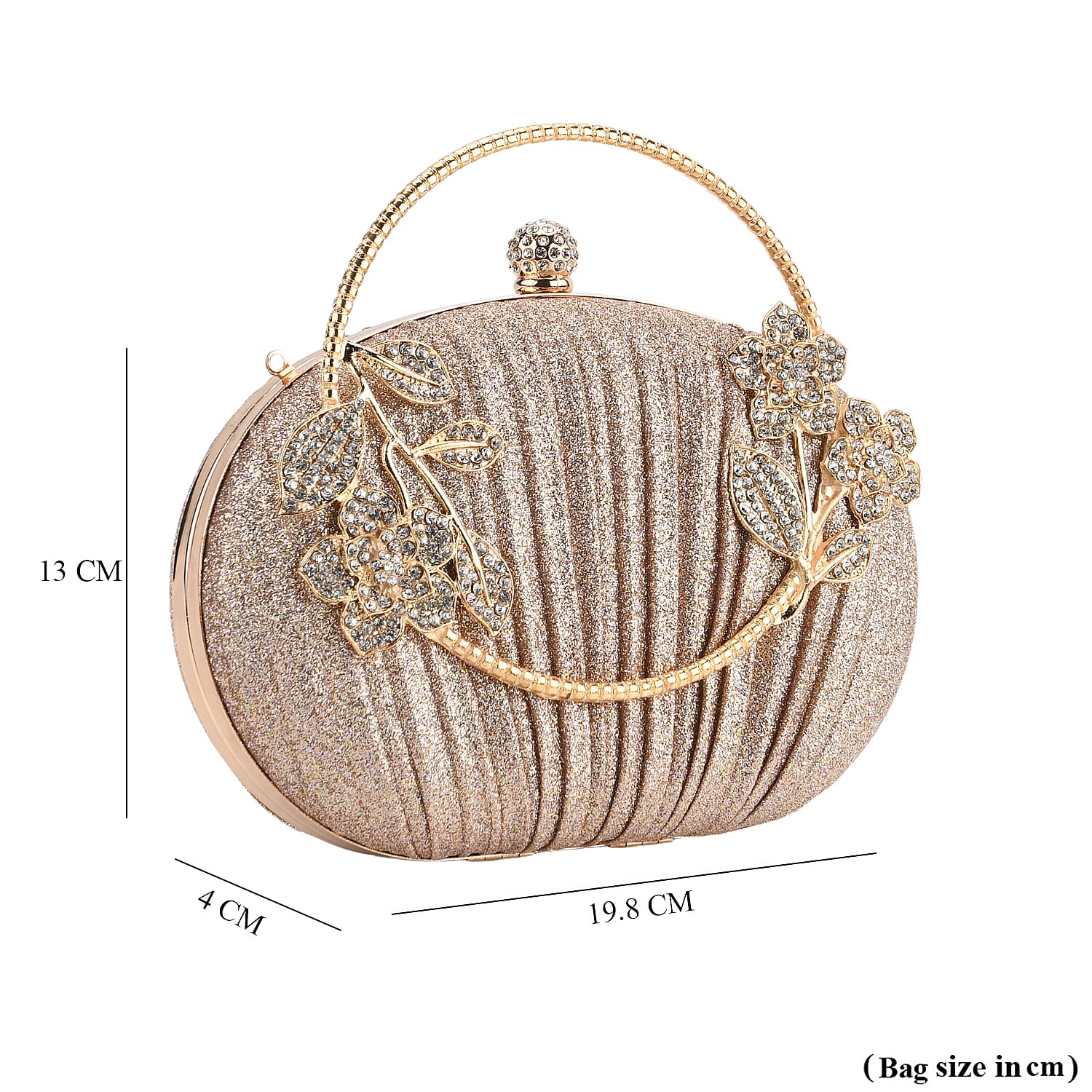 Ruched Crystal Flower Embellished Clutch Bag with Gold Handle - Rose Gold