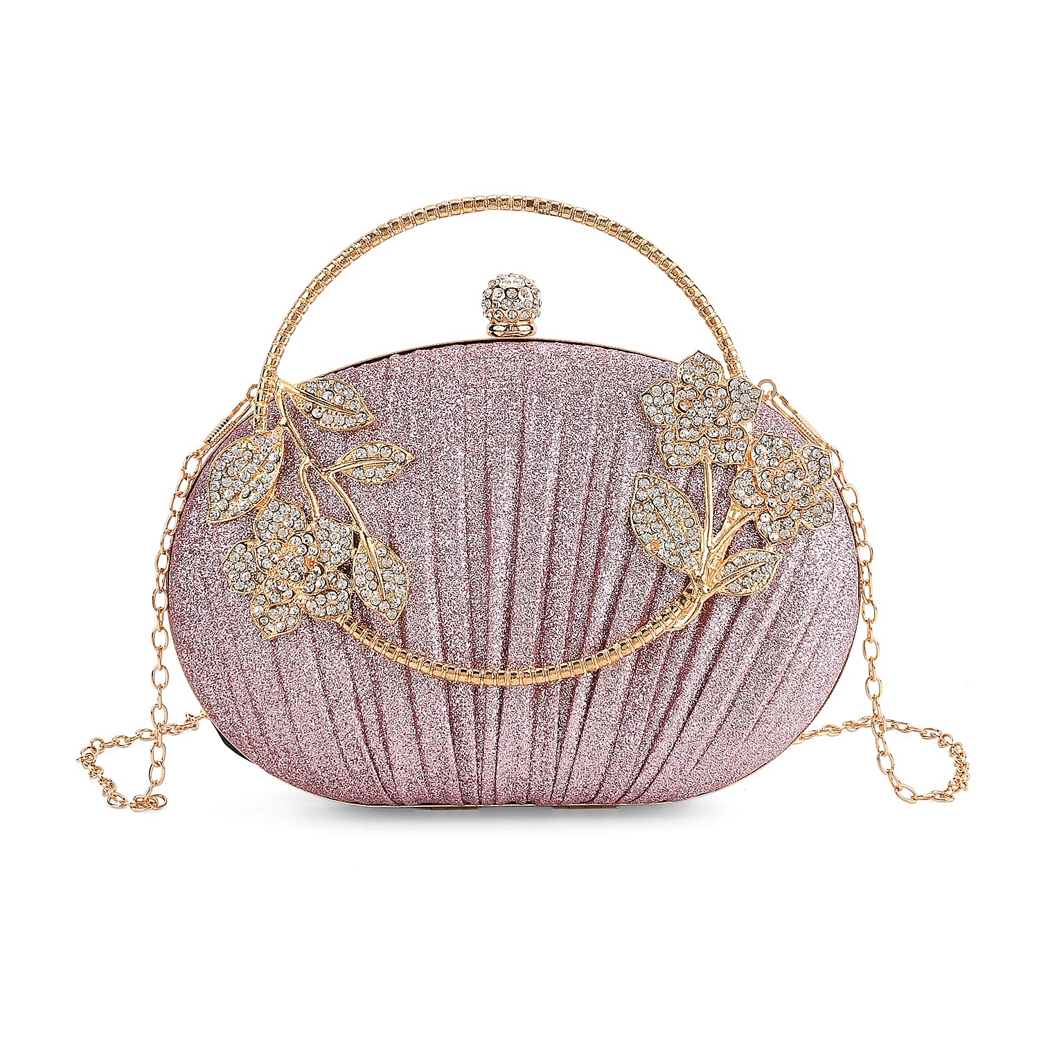 Ruched Crystal Flower Embellished Clutch Bag with Gold Handle - Pink