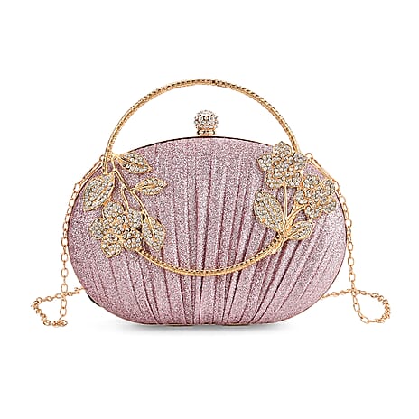 Ruched Crystal Flower Embellished Clutch Bag with Gold Handle - Pink