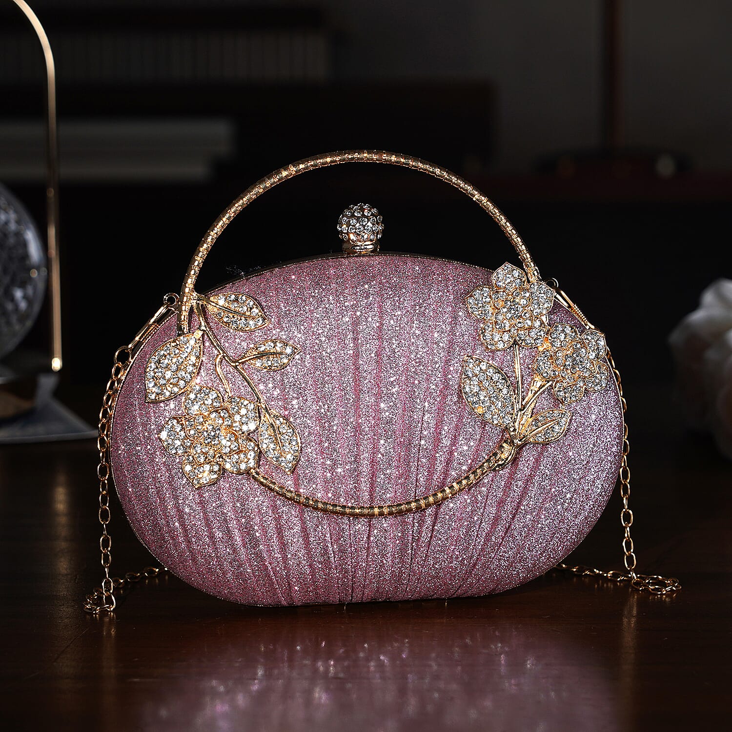 Ruched Crystal Flower Embellished Clutch Bag with Gold Handle - Pink