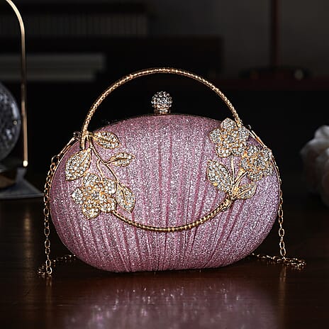 Ruched Crystal Flower Embellished Clutch Bag with Gold Handle - Pink