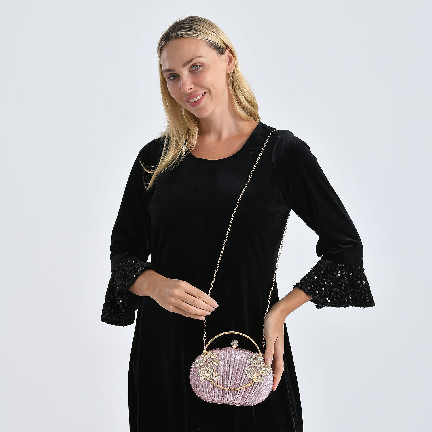 Ruched Crystal Flower Embellished Clutch Bag with Gold Handle - Pink