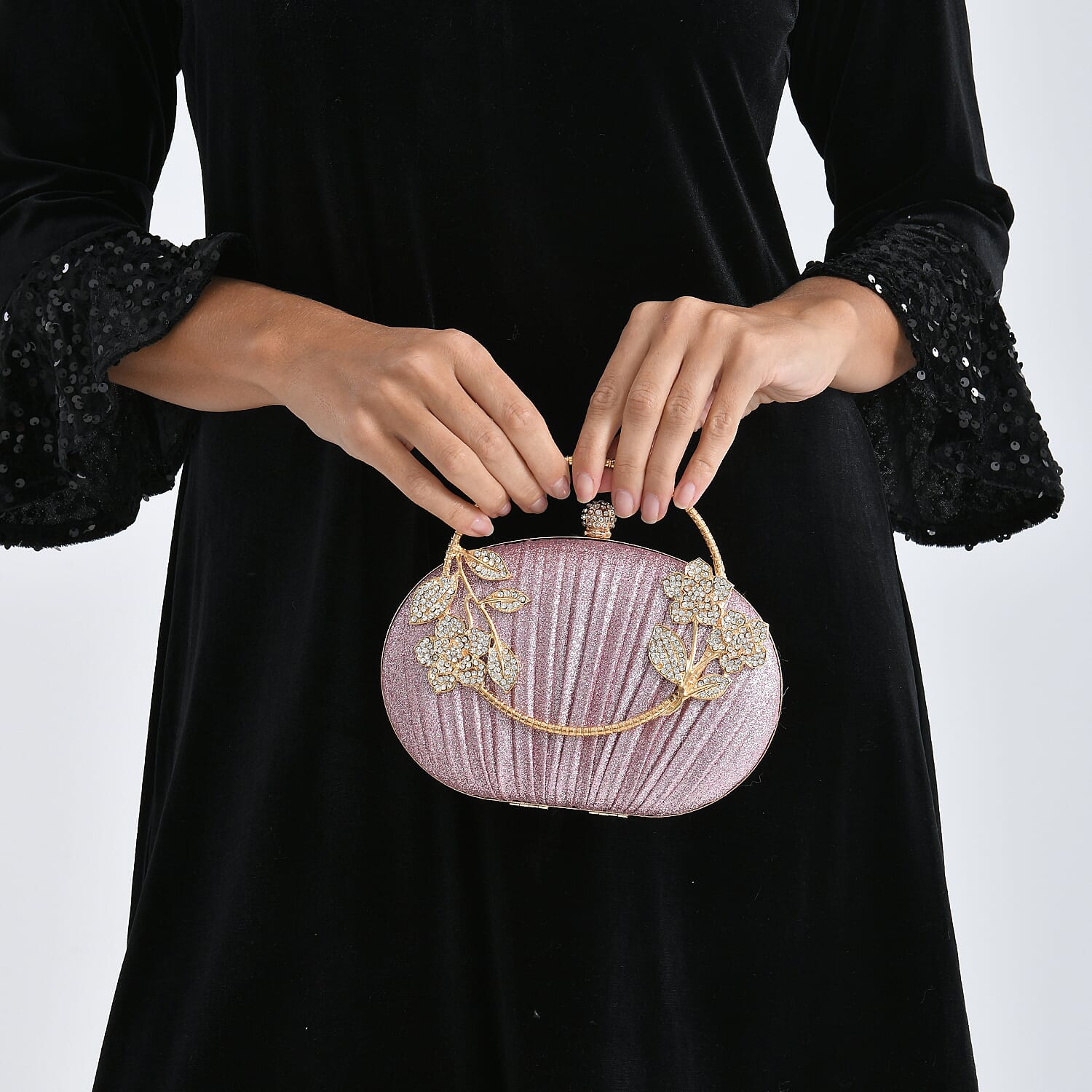 Ruched Crystal Flower Embellished Clutch Bag with Gold Handle - Pink