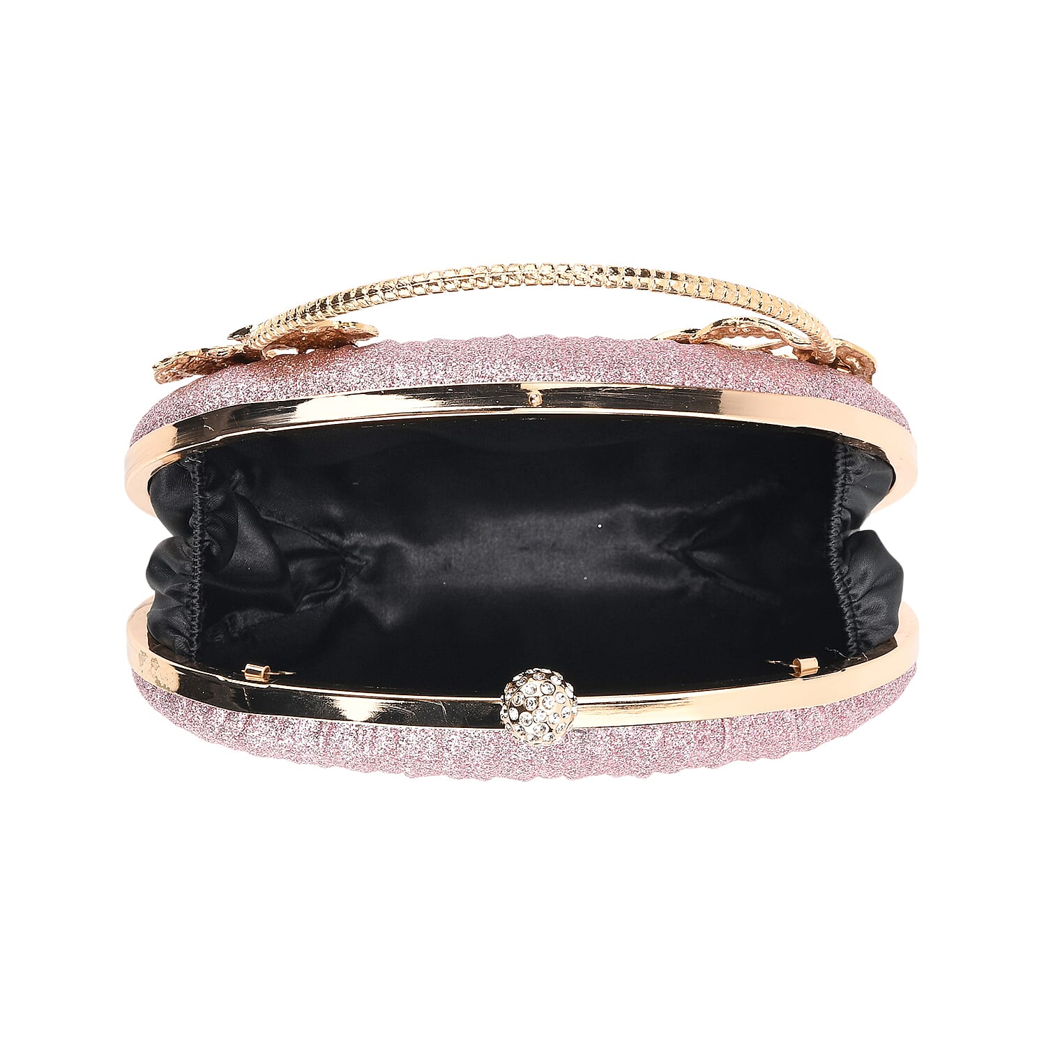 Ruched Crystal Flower Embellished Clutch Bag with Gold Handle - Pink