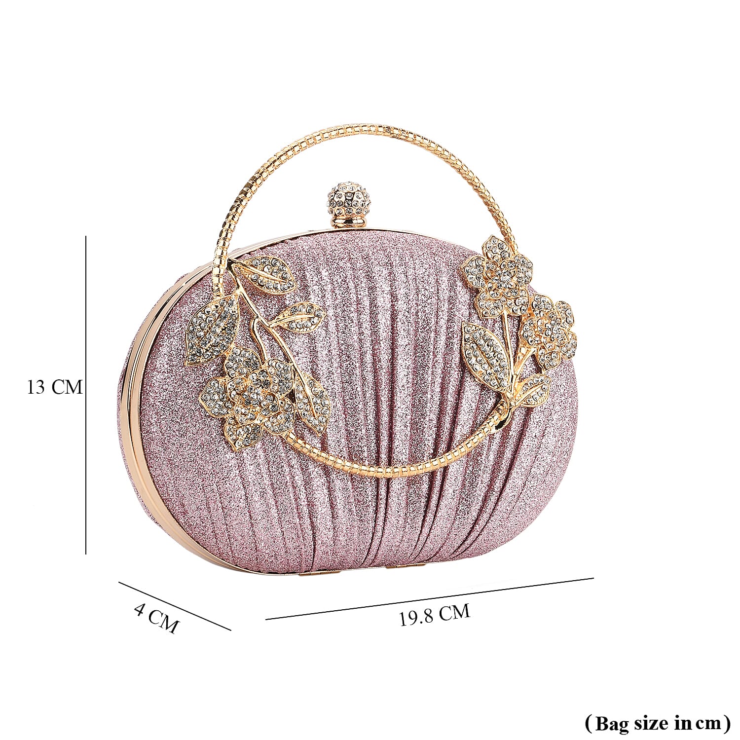 Ruched Crystal Flower Embellished Clutch Bag with Gold Handle - Pink