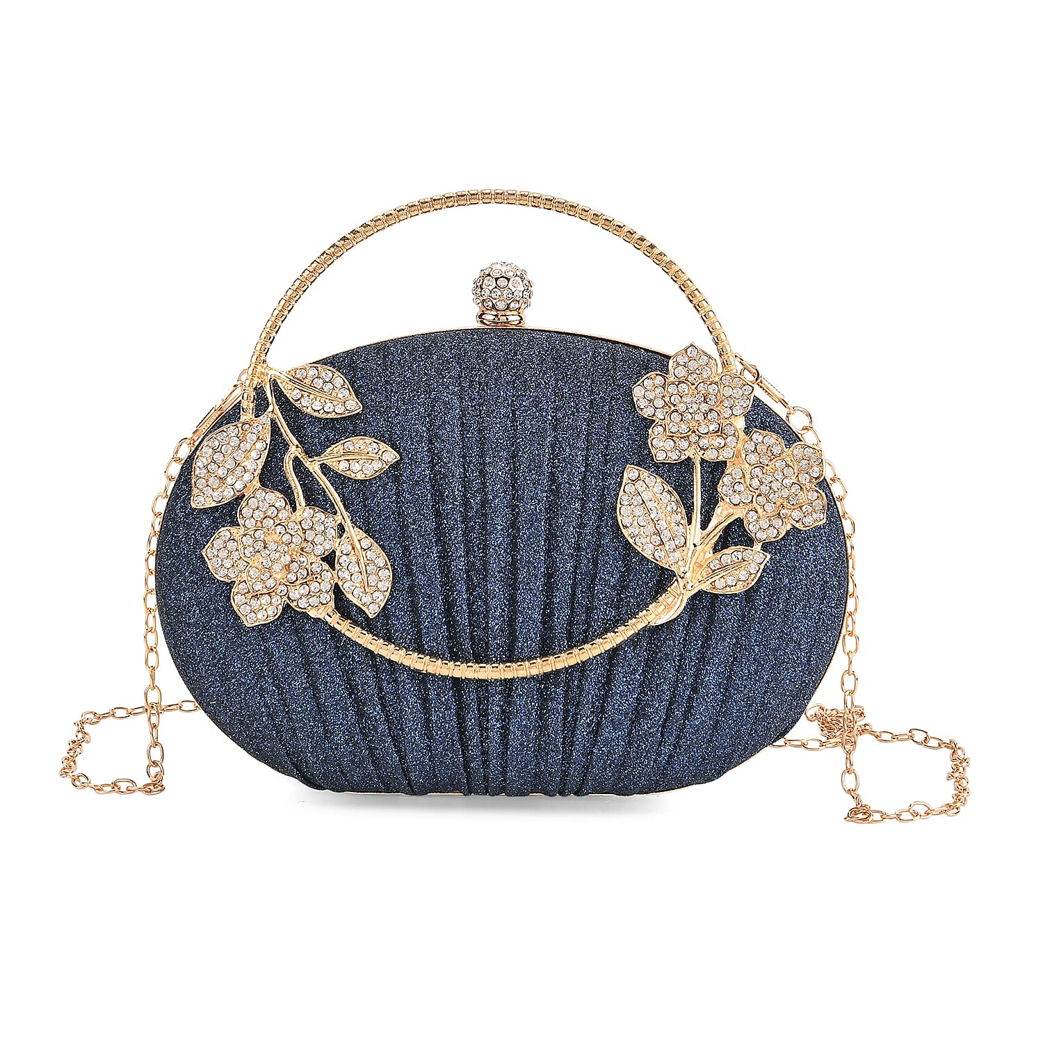 Ruched Crystal Flower Embellished Clutch Bag with Gold Handle - Blue