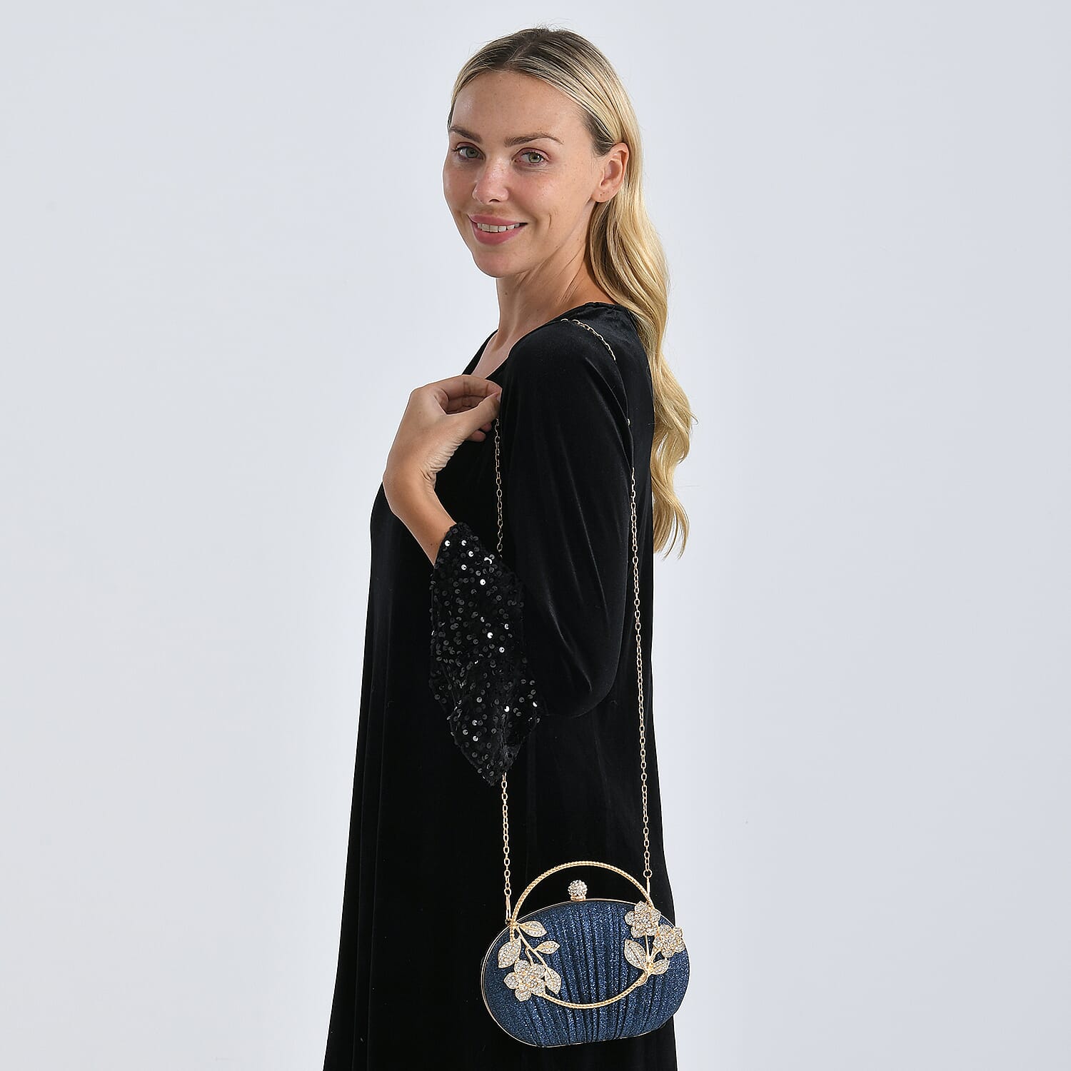 Ruched Crystal Flower Embellished Clutch Bag with Gold Handle - Blue