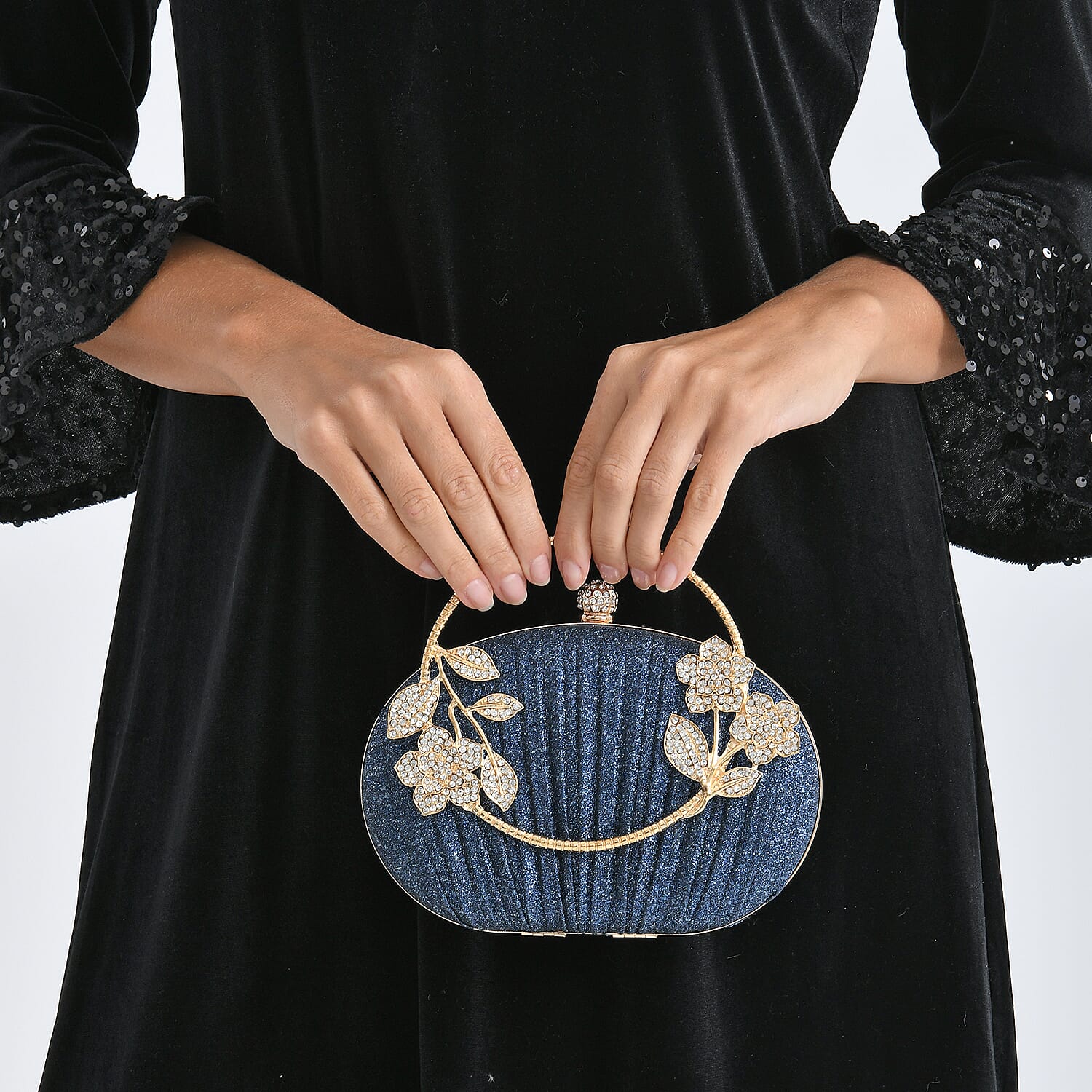 Ruched Crystal Flower Embellished Clutch Bag with Gold Handle - Blue