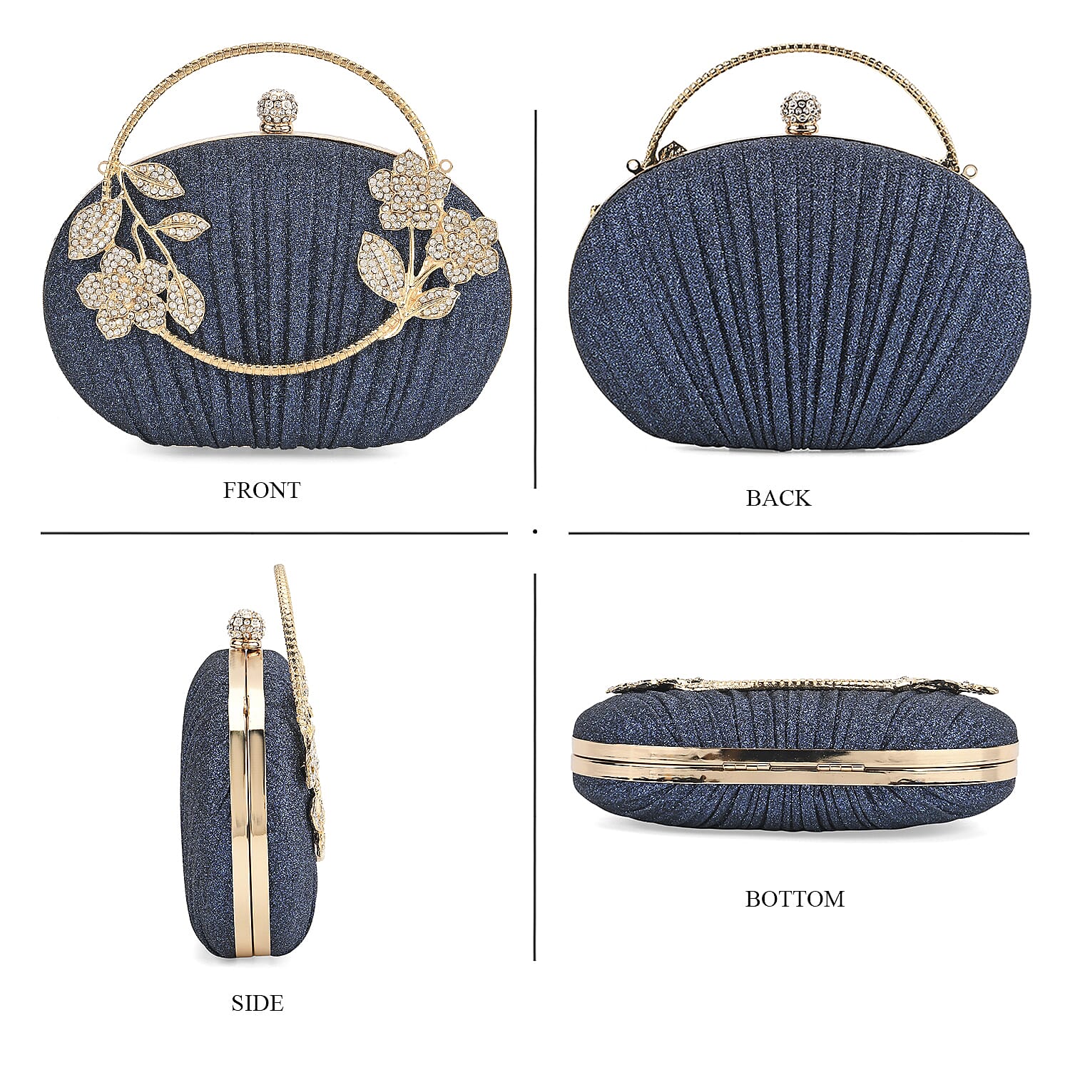 Ruched Crystal Flower Embellished Clutch Bag with Gold Handle - Blue