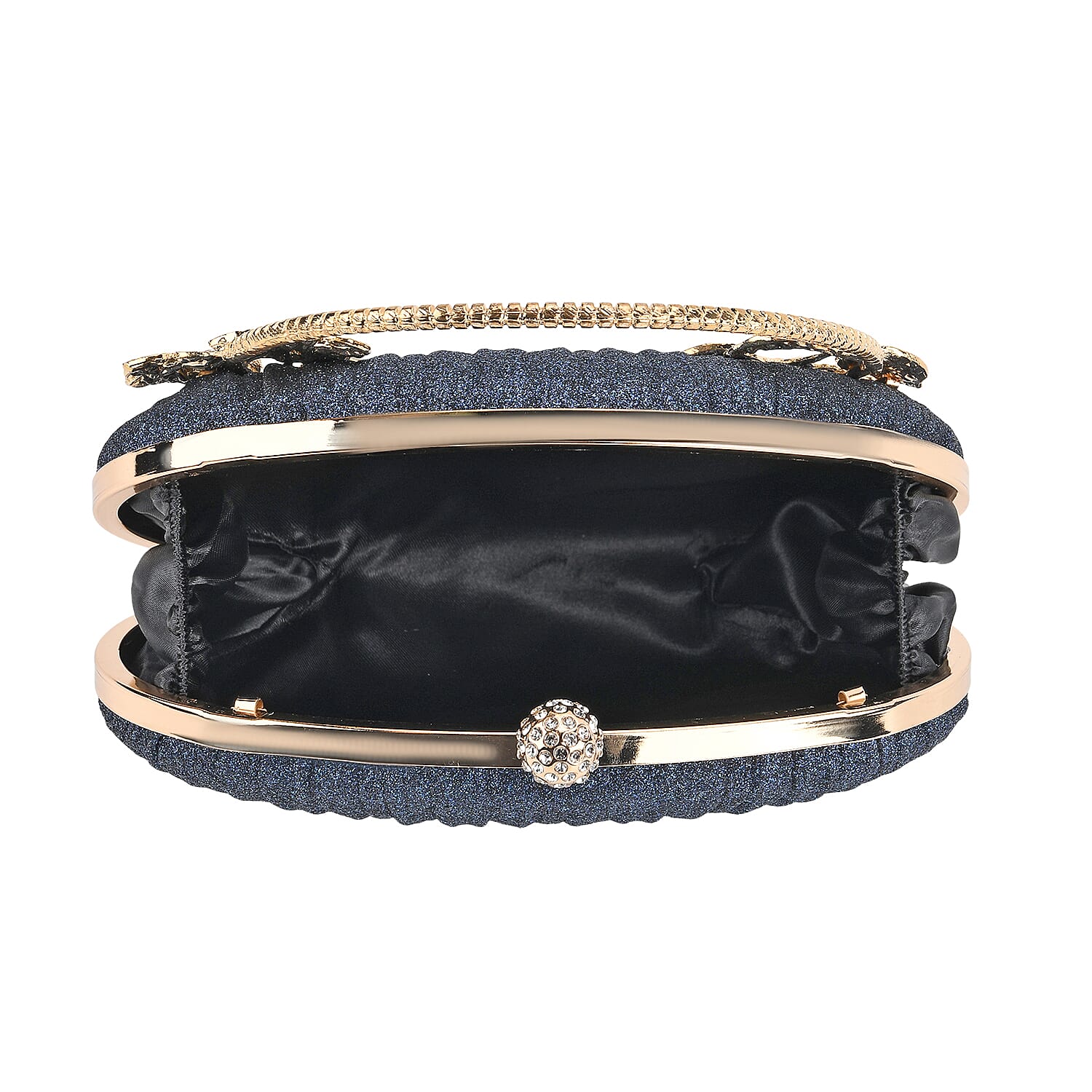 Ruched Crystal Flower Embellished Clutch Bag with Gold Handle - Blue