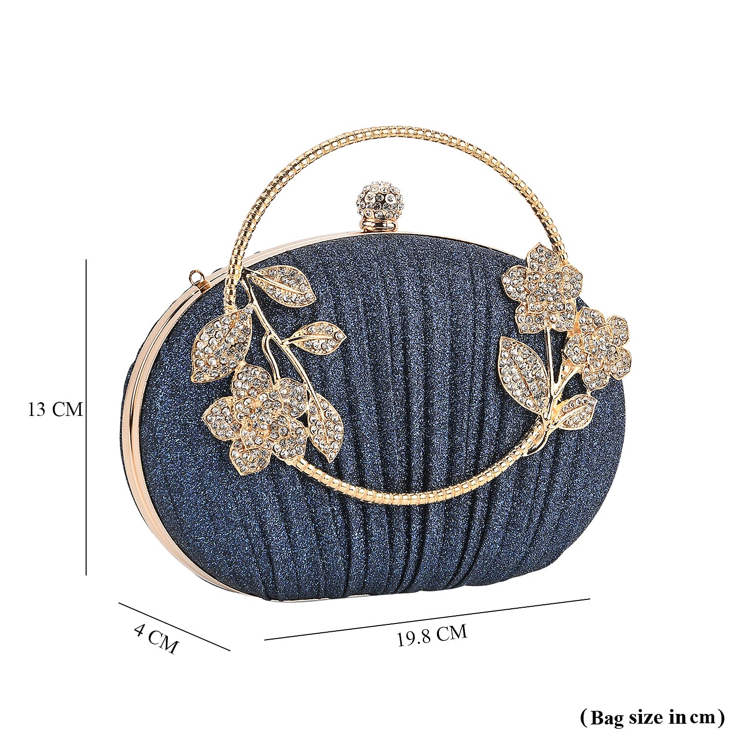 Ruched Crystal Flower Embellished Clutch Bag with Gold Handle - Blue