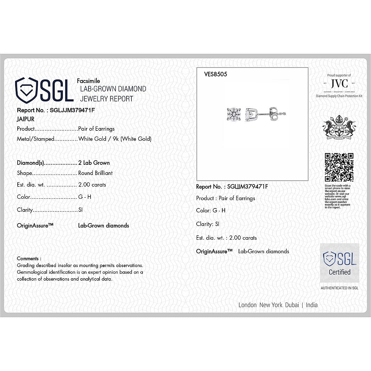 Black Friday Deal- Luxuriant Diamond 9K White Gold Lab Grown SGL Certified  Diamond SI-GH, Solitaire Earrings 2.00 Ct.