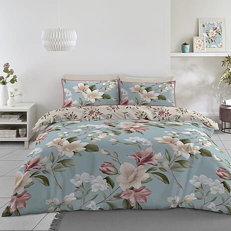 Ocean Floral Bloom Reversible Set of 3 Duvet Cover, 2 Pillowcase and fitted sheet - Double