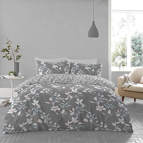 Grey Floral Affair Reversible Set of 4 Duvet Cover, 2 Pillowcase and Fitted Sheet - Single