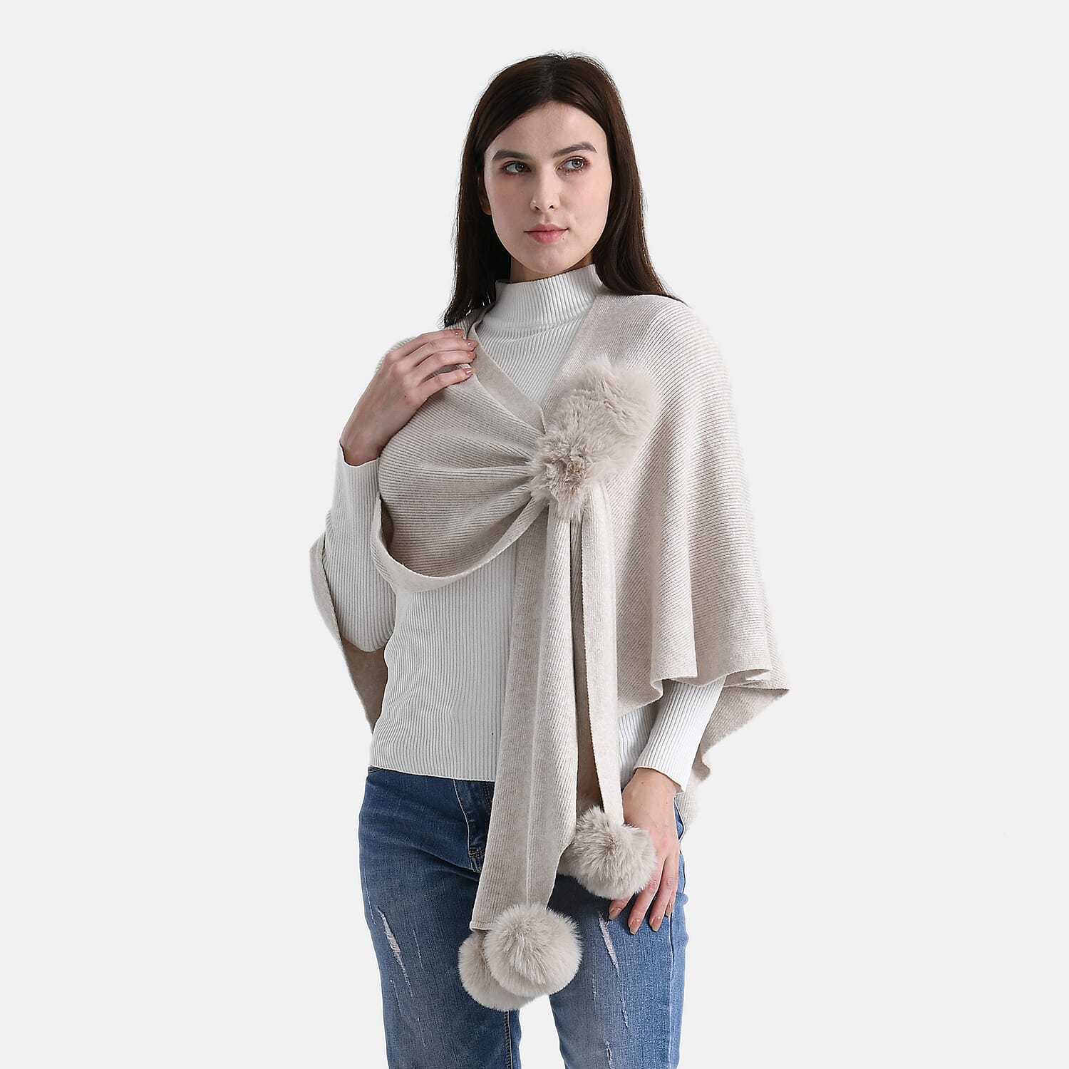 La Marey Super Soft Faux Fur Trim Shawl (145 x 100cm) - Beige