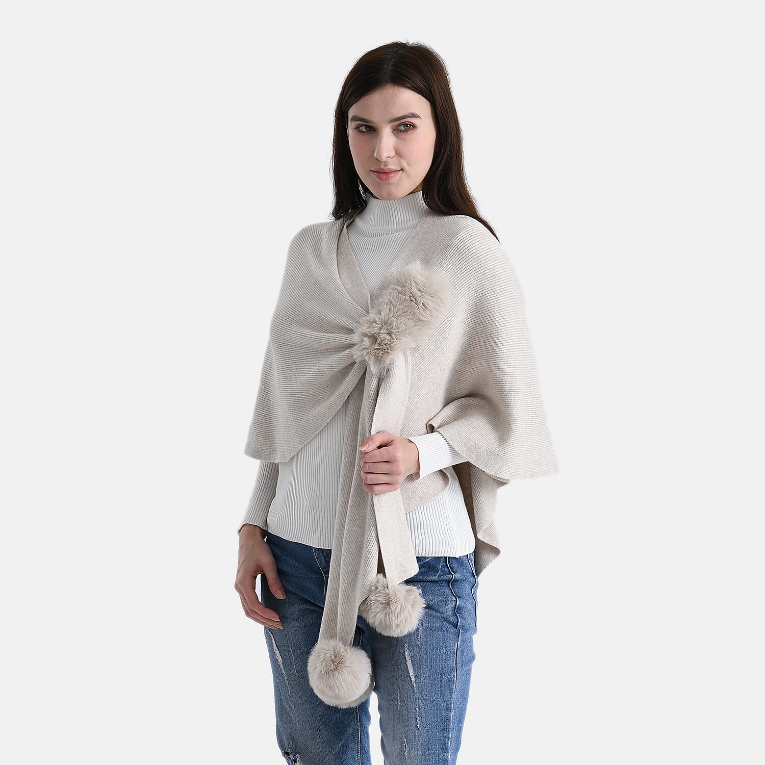 La Marey Super Soft Faux Fur Trim Shawl (145 x 100cm) - Beige