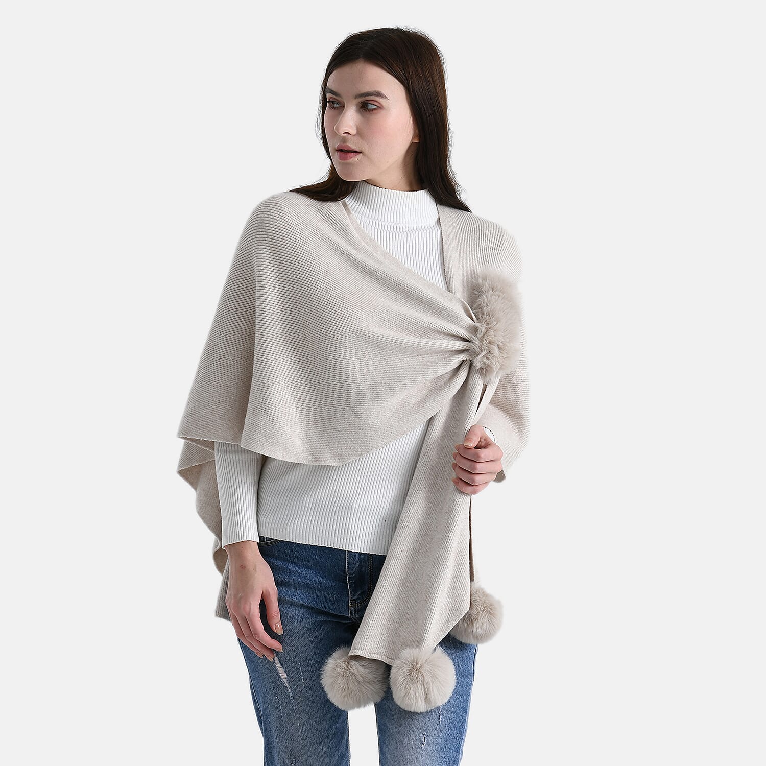 La Marey Super Soft Faux Fur Trim Shawl (145 x 100cm) - Beige