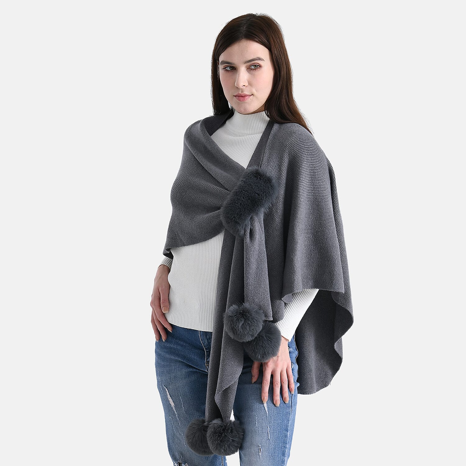 La Marey Super Soft Faux Fur Trim Shawl (145 x 100cm) - Grey