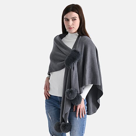 La Marey Super Soft Faux Fur Trim Shawl (145 x 100cm) - Grey
