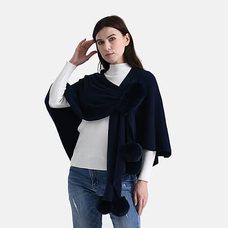 La Marey Super Soft Faux Fur Trim Shawl (145 x 100cm) - Navy