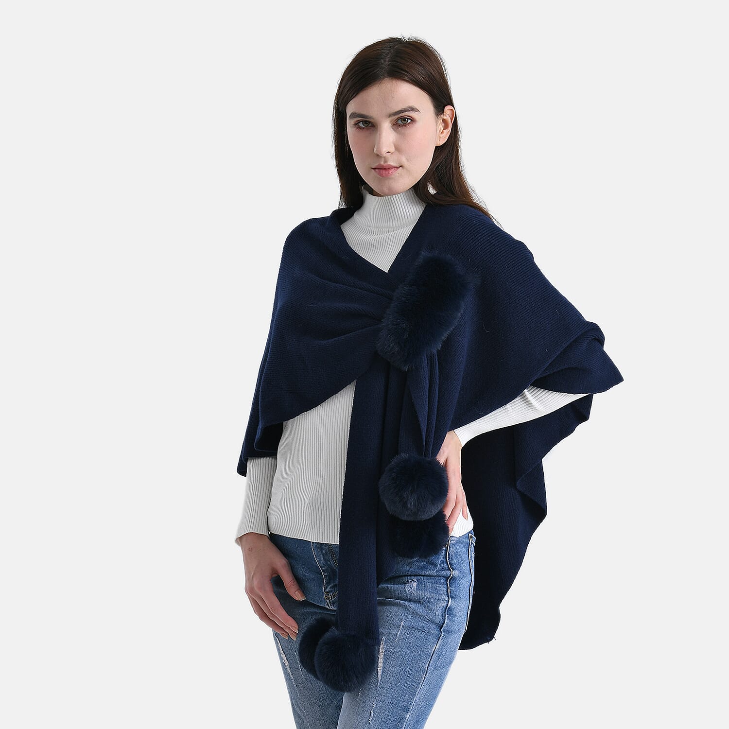 La Marey Super Soft Faux Fur Trim Shawl (145 x 100cm) - Navy
