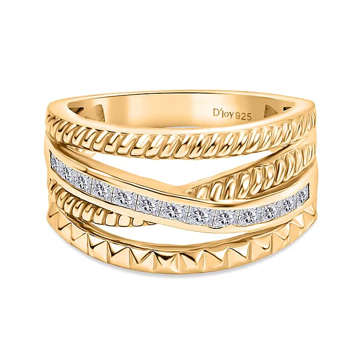 D'Joy Moissanite Criss Cross Ring in Yellow Gold Plated Sterling Silver
