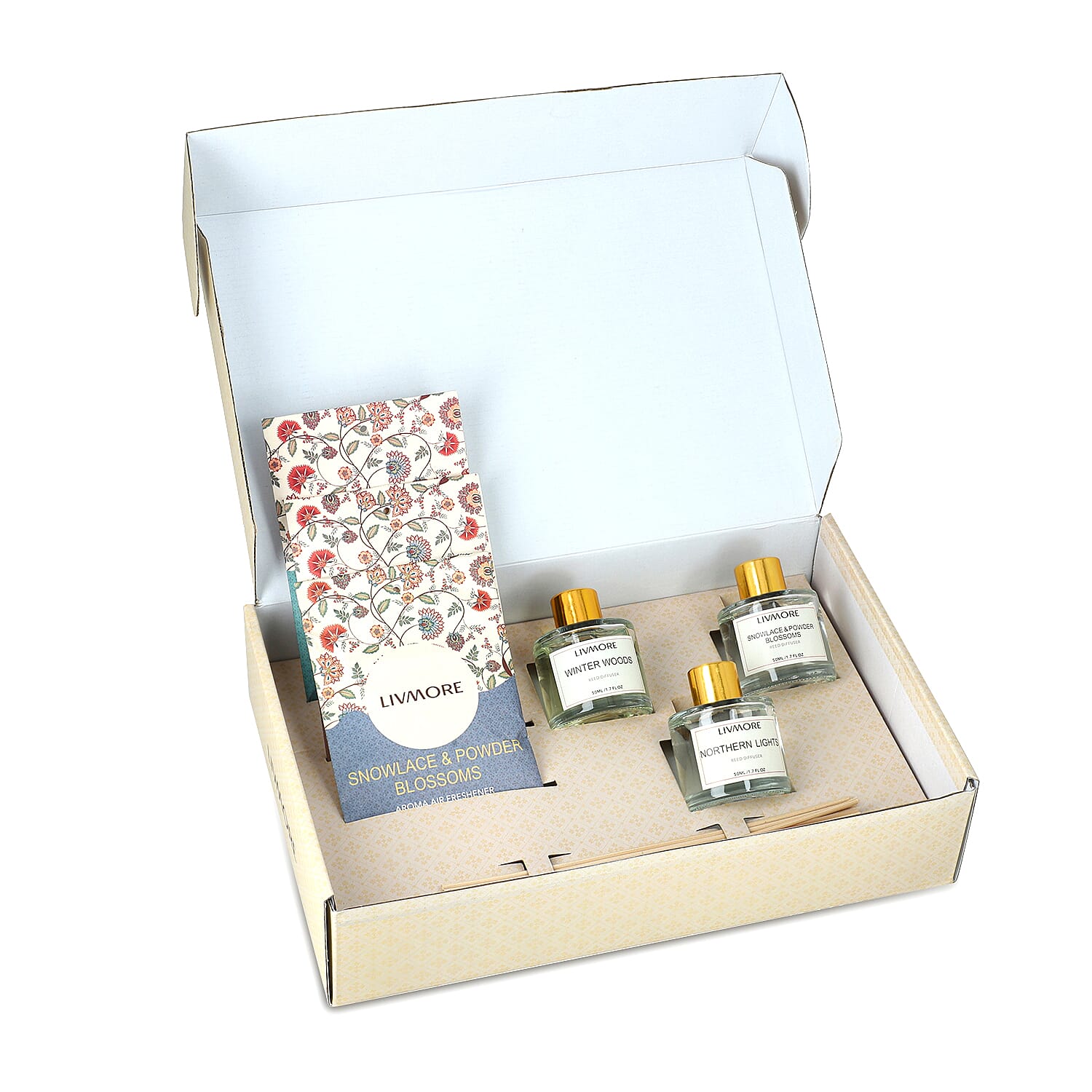 LIVMORE 3 Piece Reed Diffuser Collection - Winter Woods, Snowlace & Powder Blossoms and Northern Lights With Reeds amd 3 Fragrance Sachets