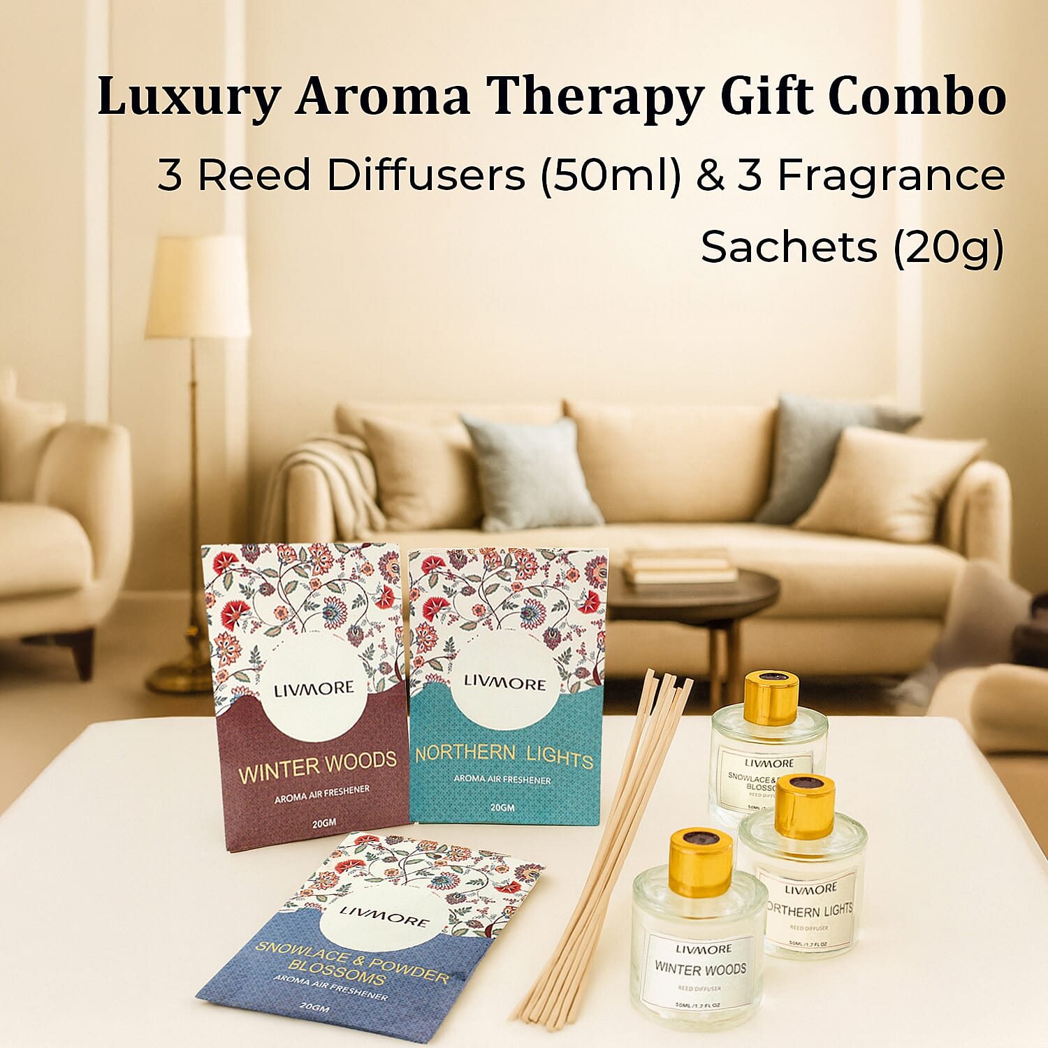 LIVMORE 3 Piece Reed Diffuser Collection - Winter Woods, Snowlace & Powder Blossoms and Northern Lights With Reeds amd 3 Fragrance Sachets