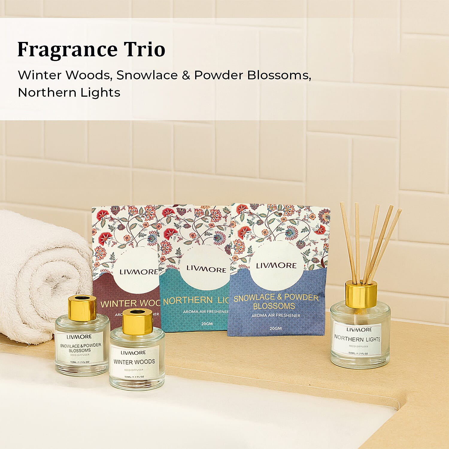 LIVMORE 3 Piece Reed Diffuser Collection - Winter Woods, Snowlace & Powder Blossoms and Northern Lights With Reeds amd 3 Fragrance Sachets