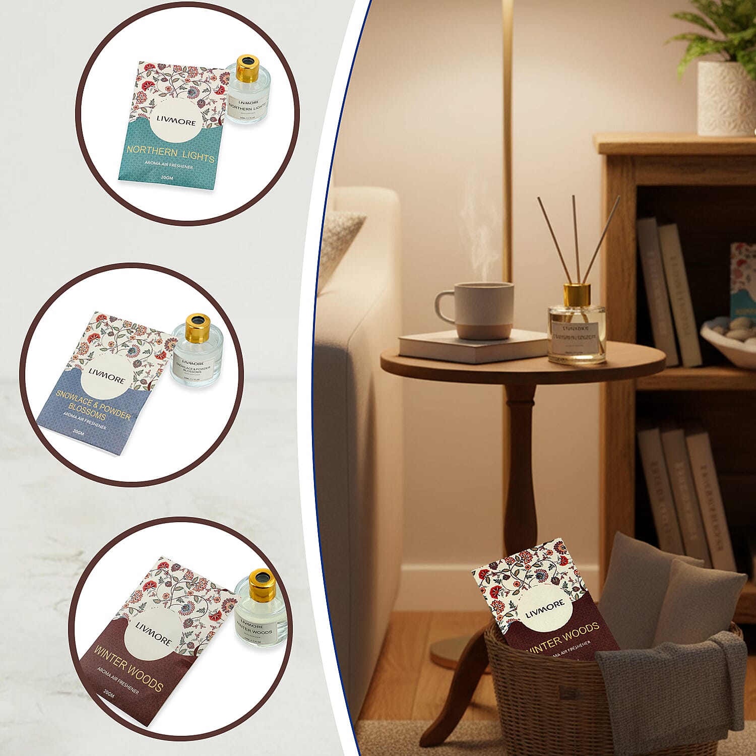 LIVMORE 3 Piece Reed Diffuser Collection - Winter Woods, Snowlace & Powder Blossoms and Northern Lights With Reeds amd 3 Fragrance Sachets