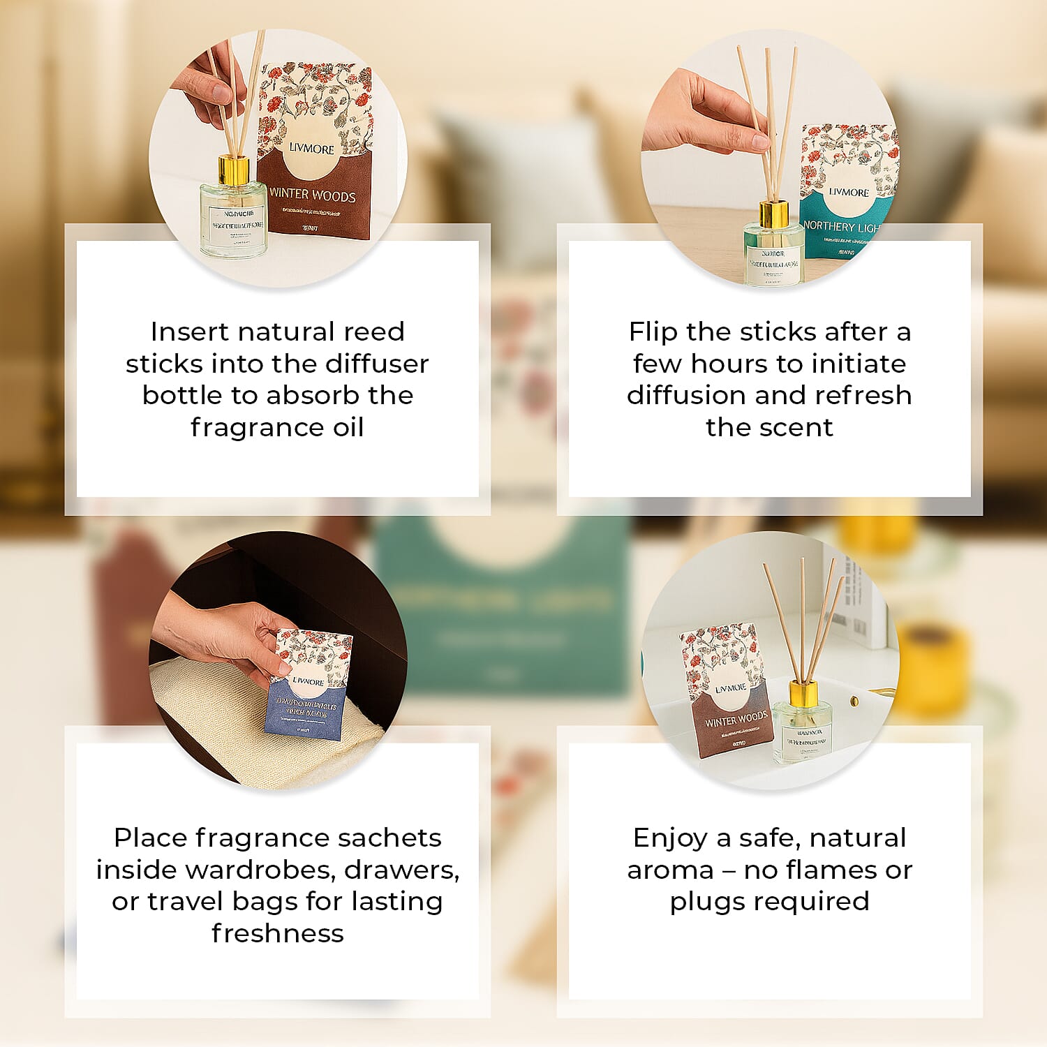 LIVMORE 3 Piece Reed Diffuser Collection - Winter Woods, Snowlace & Powder Blossoms and Northern Lights With Reeds amd 3 Fragrance Sachets