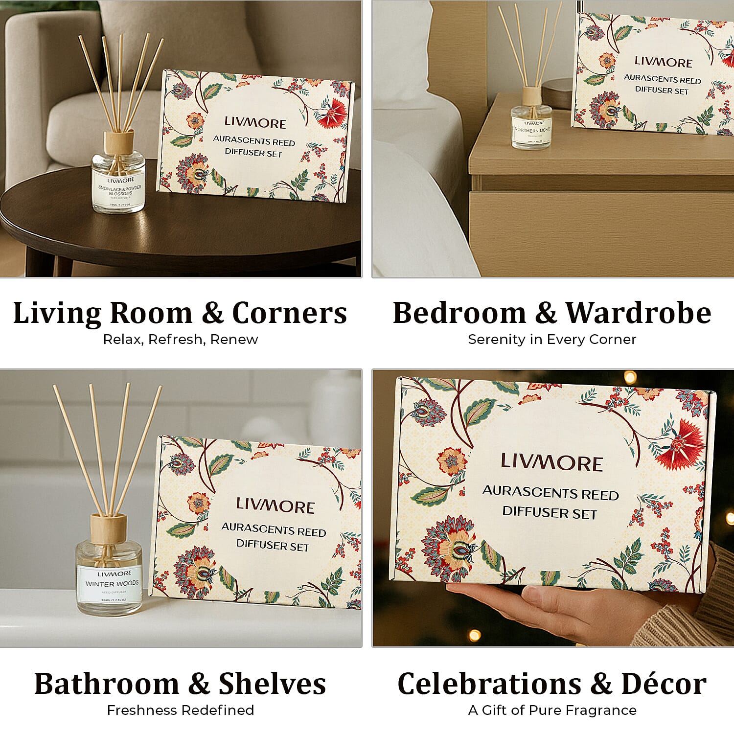 LIVMORE 3 Piece Reed Diffuser Collection - Winter Woods, Snowlace & Powder Blossoms and Northern Lights With Reeds amd 3 Fragrance Sachets