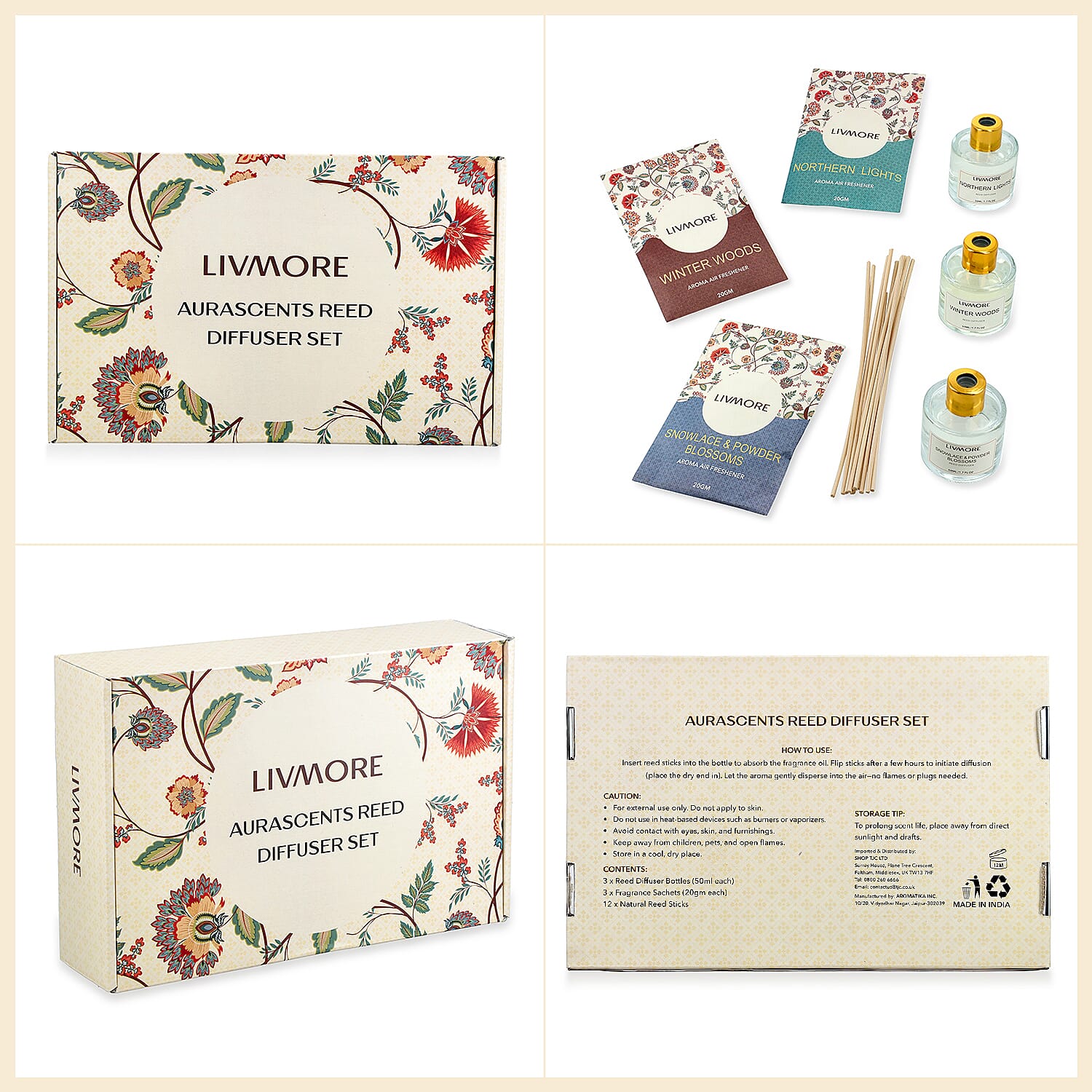 LIVMORE 3 Piece Reed Diffuser Collection - Winter Woods, Snowlace & Powder Blossoms and Northern Lights With Reeds amd 3 Fragrance Sachets