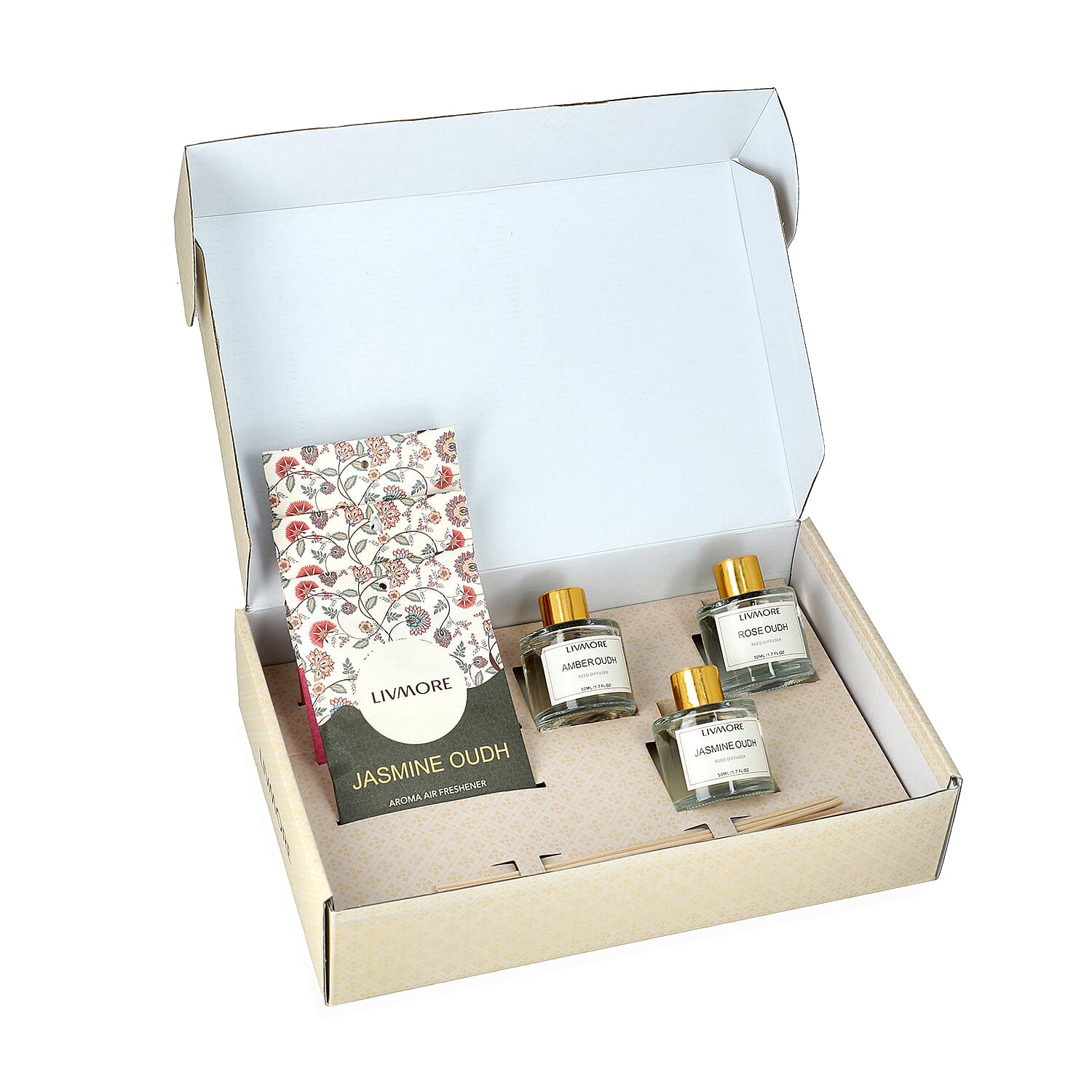 LIVMORE 3 Piece Reed Diffuser Collection - Himalayan Trail, Forest Wind and Vintage Heaven With Reeds and 3 Fragrance Sachets