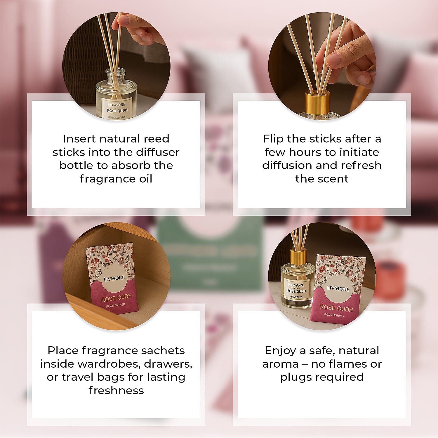 LIVMORE 3 Piece Reed Diffuser Collection - Himalayan Trail, Forest Wind and Vintage Heaven With Reeds and 3 Fragrance Sachets