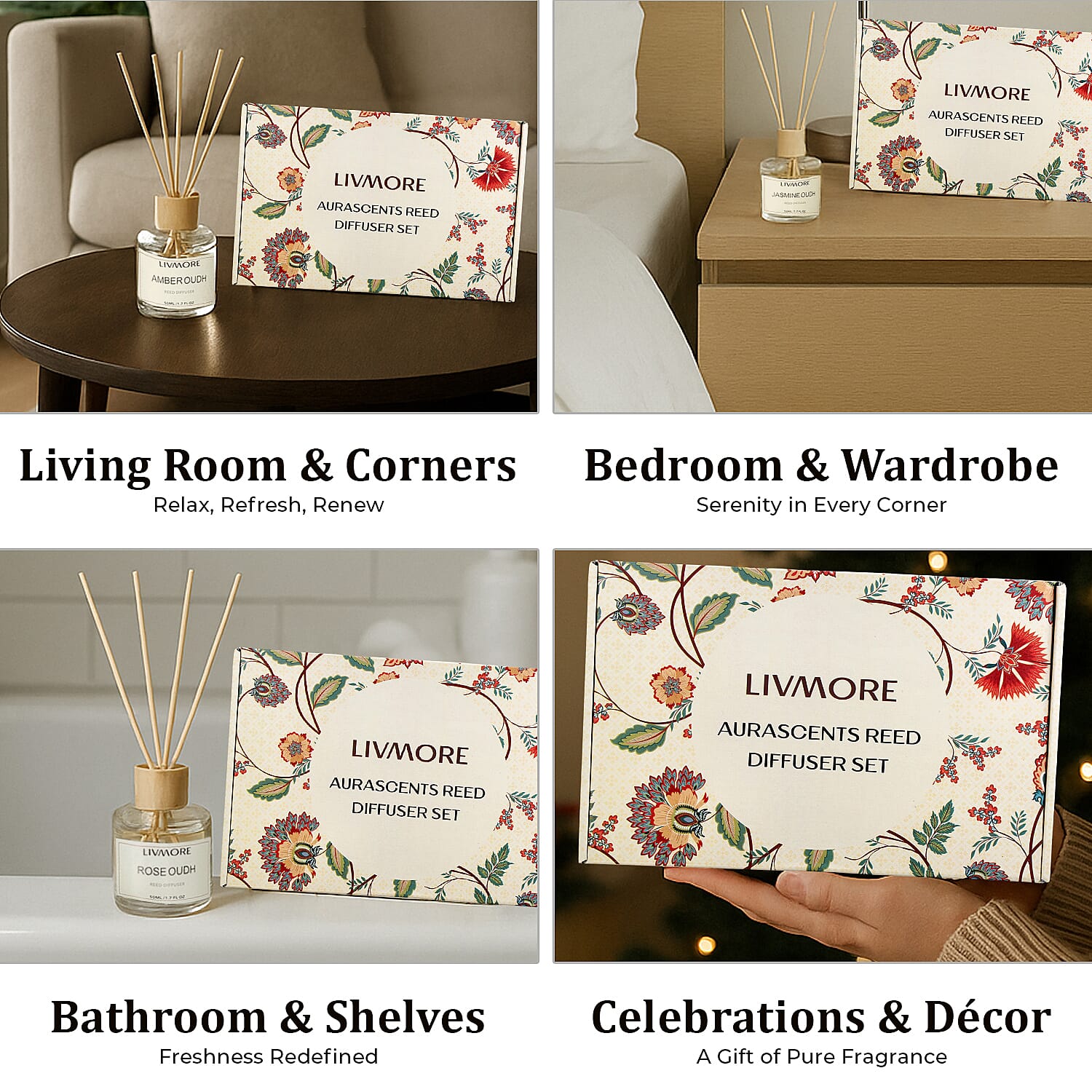 LIVMORE 3 Piece Reed Diffuser Collection - Himalayan Trail, Forest Wind and Vintage Heaven With Reeds and 3 Fragrance Sachets