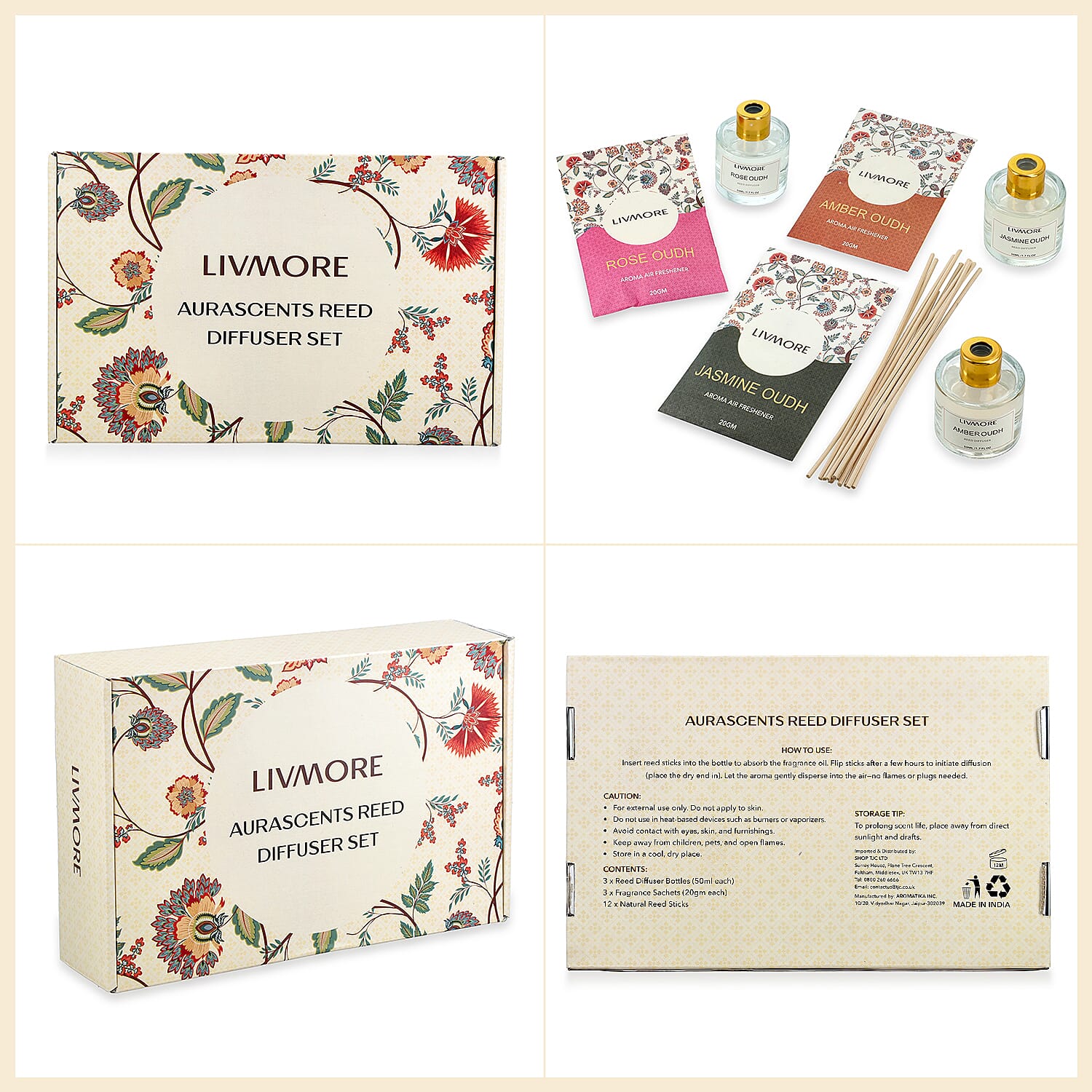 LIVMORE 3 Piece Reed Diffuser Collection - Himalayan Trail, Forest Wind and Vintage Heaven With Reeds and 3 Fragrance Sachets