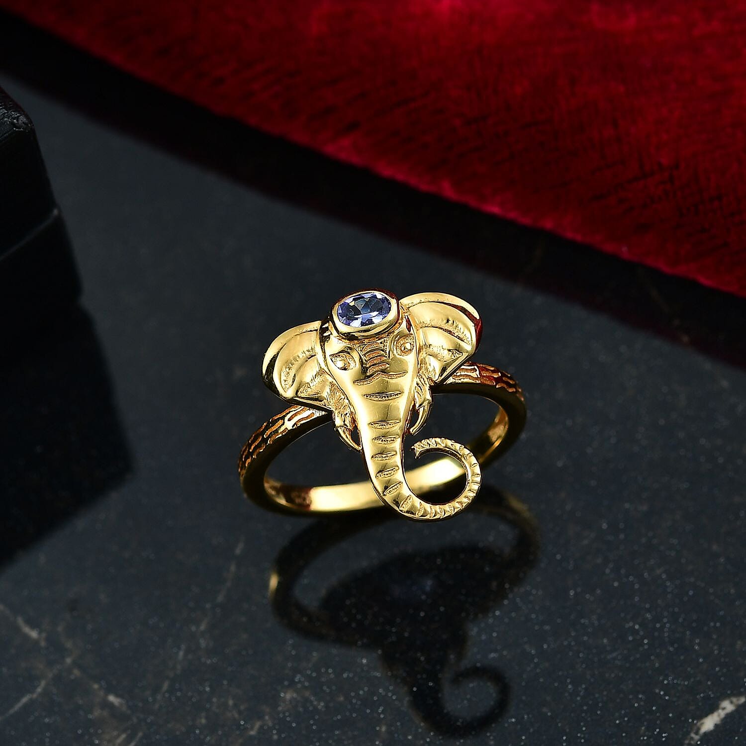 D'joy Tanzanite Elephant Ring in 18K Yellow Gold Plated Overlay Sterling Silver