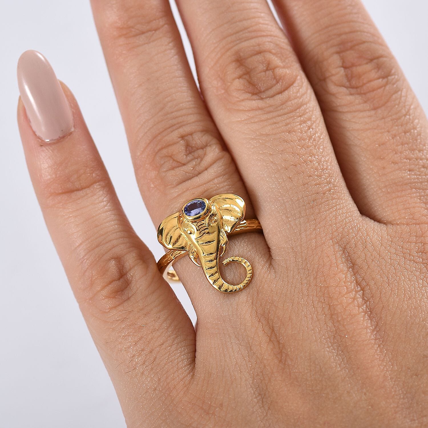 D'joy Tanzanite Elephant Ring in 18K Yellow Gold Plated Overlay Sterling Silver