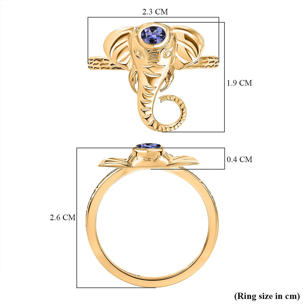 D'joy Tanzanite Elephant Ring in 18K Yellow Gold Plated Overlay Sterling Silver