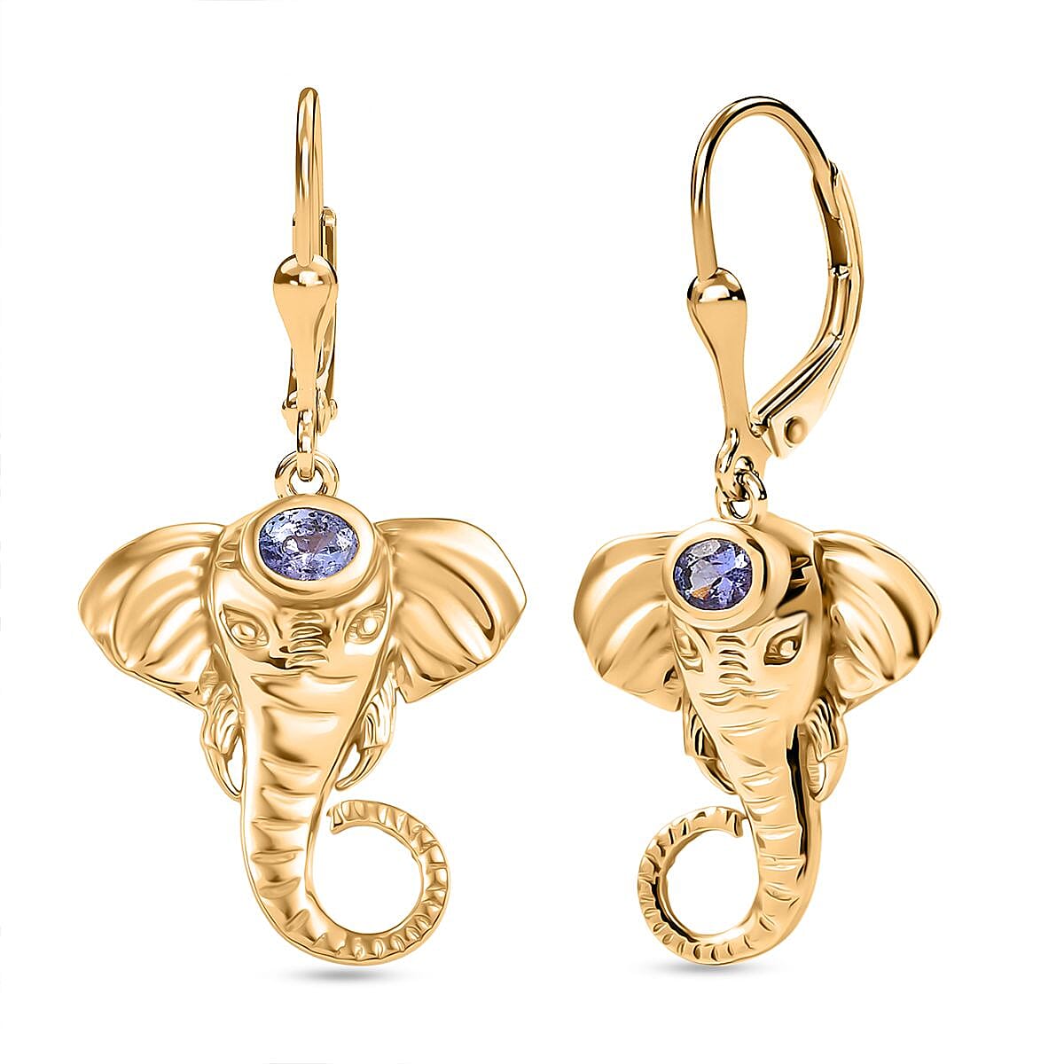D'joy Tanzanite Elephant Earring with Lever Back in 18K Yellow Gold Plated Overlay Sterling Silver